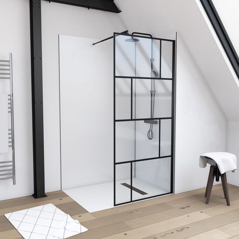 MARWELL Duschwand, schwarz 90 x 195 cm - inkl. Wandhalterung - Begehbare Dusche - Walk-In - Duschabtrennung - Siebdruck (1/3)