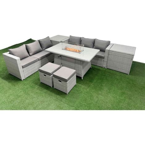 Fimous PE Rattan Lounge Sofa Set Outdoor Garden Furniture Set with Firepit Dining Table 3 Seater Sofa 2 Side Table 2 Small Stools Light Grey (1/5)