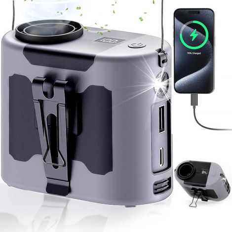 Ventilateur de taille portable, batterie 1000 mAh, haute puissance, longue durée, rechargeable, pour camping en plein air, peut être porté à la taille, au cou ou à la main, 5 vitesses, autonomie jusqu (1/5)