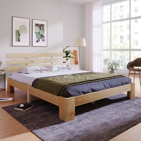 Lit double 140x200 cm - Bois massif - Tête de lit incluse - Design rustique - 2 places (1/5)