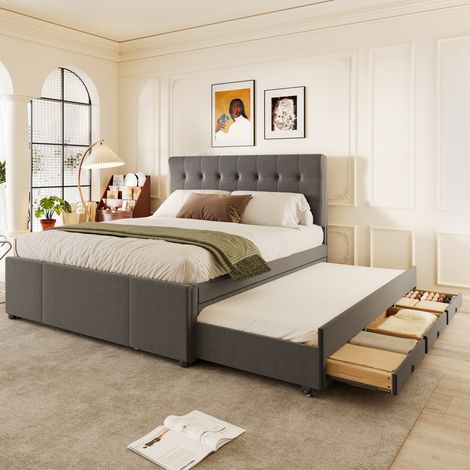 Cama tapizada de lino gris 140x200 cm con cama nido extraíble, 3 cajones, cabecero ajustable y somier incluido (1/5)