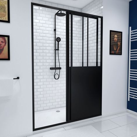 Puerta ducha Corredera Negra mate + Plato Blanco Efecto Piedra 120x90x200cm