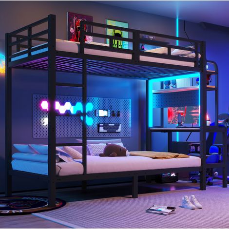 Hochbett 90 x 200 cm aus Metall und MDF mit Schreibtisch, Stauraum, LED, USB, Schwarz (1/5)