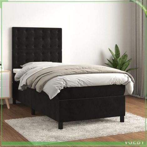 Sommier à lattes - Modèle 3143237 - Velours noir - Matelas 90x190 cm (20 cm, ressorts ensachés) - Tête de lit réglable (1/5)