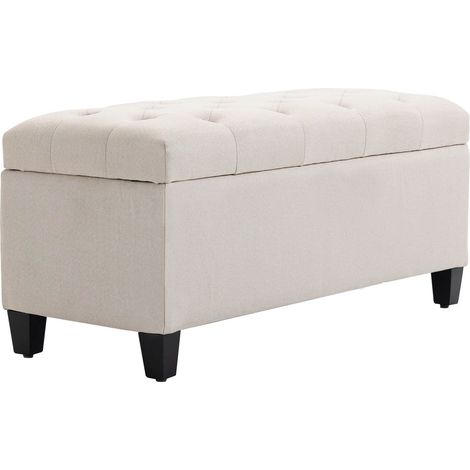 Banco Banco Tapizado Con Espacio De Almacenaje, Banco Cómoda, Poliéster Imitación Lino, Madera De Caucho, Blanco Crema, 100 X 40 X 44 Cm (1/5)
