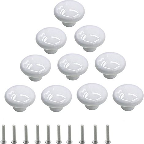 Set mit 10 runden, weißen Keramik-Schrankknöpfen mit einem Loch für Schubladen, Schränke, Kommoden und Türen (1/5)
