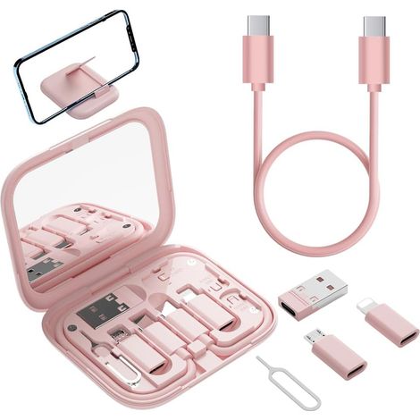 Kit d'adaptateurs de voyage USB-C pour iPhone, Pixel et Galaxy : USB-A vers C, micro-USB vers C, USB-C vers Lightning, câble USB-C court, OTG, étui miroir – Rose (1/5)