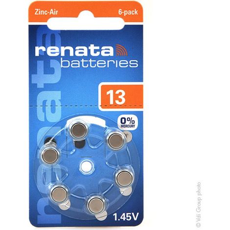 .6 piles bouton ZA13 orange zinc-air 1,4V 310 mAh Renata.