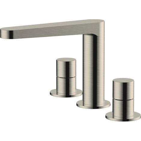 RAK Petit Round Brushed Nickel Deck Mounted 3 Tap Hole Basin Mixer Tap - RAKPER3011N (1/2)