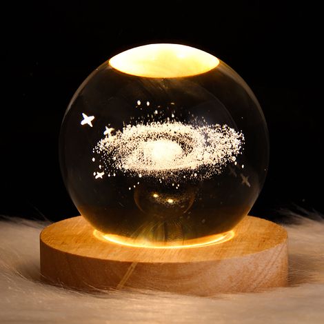 Lampe de bureau décorative USB créative en forme de lune et de galaxie, avec socle en bois massif. Motif Voie lactée (6 cm). (1/5)