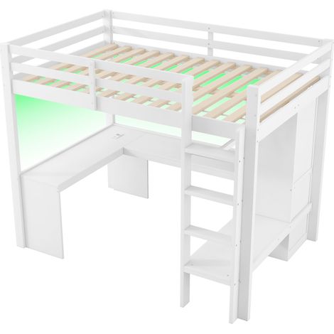 Cama alta 140x200 con escritorio integrado, estantes multifunción, LED y USB, blanco, HOMVRA (1/5)
