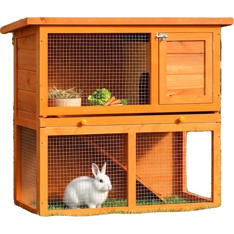 Jaula para conejos, de madera, diseño de 2 niveles, dimensiones 76 cm de alto x 76 cm de ancho x 46 cm de profundidad, apta para animales pequeños, bandeja de limpieza extraíble. (1/5)