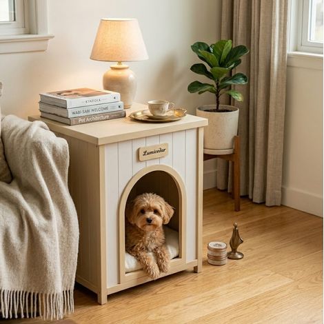 Casa para perros (64.6x57.8x20.1 cm), con cojín extraíble, madera, blanco crema (1/5)