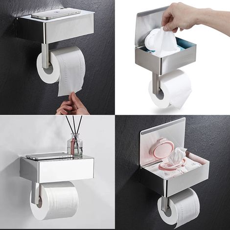 Metallener Toilettenpapierhalter mit Spender für Einwegtücher, zur Wandmontage mit Ablage für das Badezimmer. (1/5)