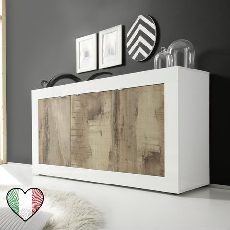 Credenza moderna bassa da soggiorno 3 ante Bianco laccato lucido-Pero - Basic (1/3)