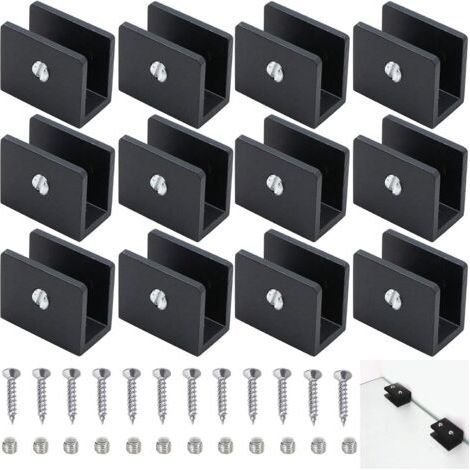 12 Pack Glass Railing Clamps, Glass Shelf Bracket, Adjustable Aluminum Glass Shelf Bracket, U-Shaped Metal Corner Bracket, Single Hole Glass Clamps (1/5)