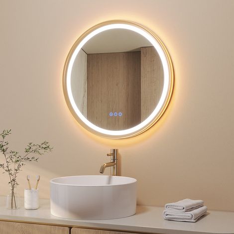 Badezimmerspiegel mit Beleuchtung Rund LED Badspiegel ∅60 cm Antibeschlag Dimmbar mit Aluminiumrahmen Wandspiegel 6400K & 3000K Lichtspiegel Rahmen in Gebürstet-gold