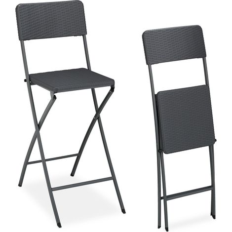 Relaxdays Barhocker klappbar, 2er Set, Rattan-Optik, Rückenlehne, HBT: 115 x 44 x 63 cm, Barstuhl, PE & Metall, grau