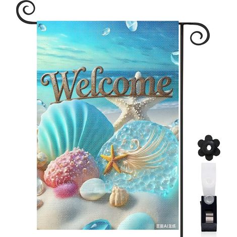 Drapeau de jardin bienvenue 30 x 45 cm motif coquillages et étoiles de mer toile double face pour extérieur (1/5)