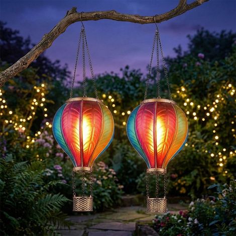Lampada solare a sospensione lampada da esterno mongolfiera colorata effetto fuoco decorazione giardino lampada da balcone, 20x 0,5W 1600K bianco caldo, DxH 14 x 46,5 cm, set di 2 (1/5)