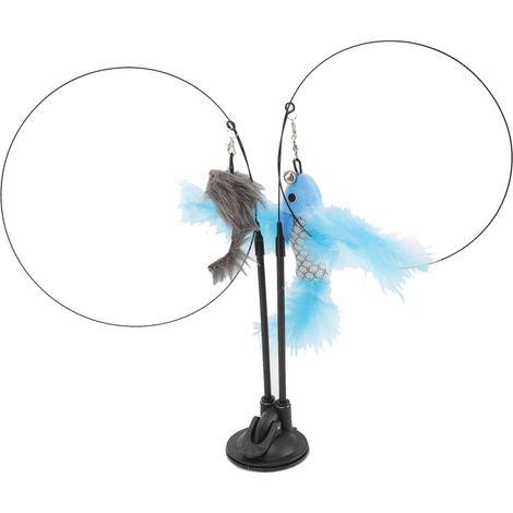 Baguette à plumes de chat à succion, jouet à Double extrémité, fil d'acier amovible, bâton de Teaser interactif pour poisson volant bleu d'intérieur et souris grise (1/5)