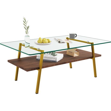CHICFURN Mesa de centro rectangular 98x58x42,5 cm, vidrio templado, MDF marrón y metal dorado (1/5)