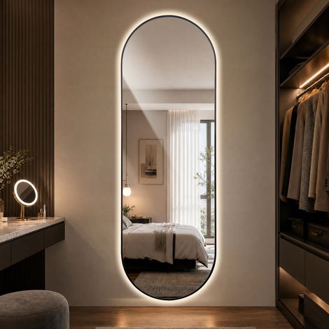 Design capsule alu noir : reflet fidèle tête aux pieds, miroir mural LED 150x50 cm pour dressing et chambre (1/5)