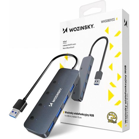 Wozinsky WHS080YSS Hub con 4 porte USB-A 3.0 e interruttori individuali, in alluminio, con cavo da 15 cm - Grigio (1/5)