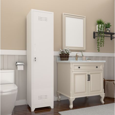 Armario escobero 40x40x165 cm blanco de metal con puerta con cerradura, baldas, barra colgante y ventilación (1/5)