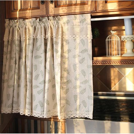 Rideaux semi-occultants pour cuisine, motif feuilles et dentelle (beige et vert), largeur 140 cm x hauteur 130 cm, passe-tringle, 1 panneau (1/5)
