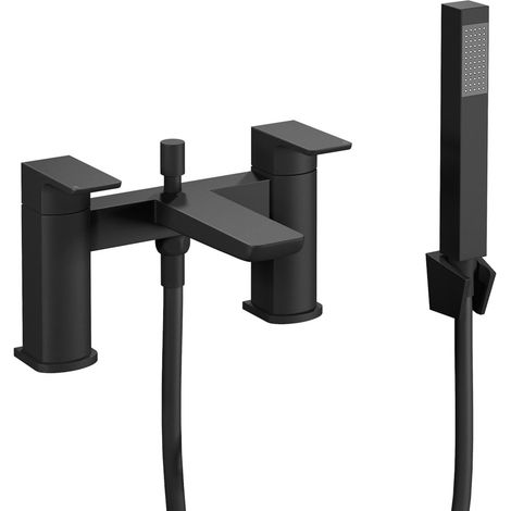 Robinet mitigeur de baignoire avec kit de douche, pommeau de douche à main, baignoire de salle de bain, évier chaud et froid, laiton massif, poignée moderne à double levier, noir mat (1/2)