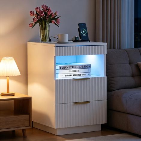 Mesita de noche – LED RGB – carga USB/Tipo C – 2 cajones – para dormitorio y sala de estar – Blanco – 60×40×40 cm (1/5)