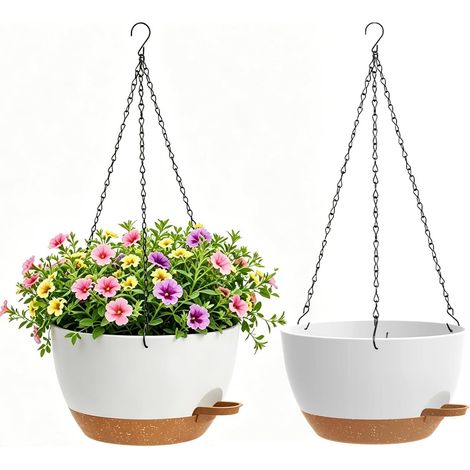 20cm Pot de Fleur Suspendu Auto arrosants, Lot de 2, Blanc Marron Jardinières Suspendues pour Intérieur Extérieur avec Drainage et Réservoir Amovible, Suspension Plante pour Balcon, Salon (1/5)