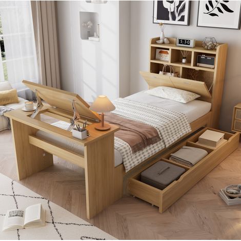 Letto singolo 90x200 cm naturale in legno con cassetto, tavolo pieghevole e ripiani (1/5)