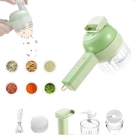 4-in-1 Tragbarer elektrischer Gemüseschneider, Kabelloser Küchenprozessor für Knoblauch, Paprika, Chili, Zwiebeln, Sellerie, Ingwer und Fleisch mit Bürste