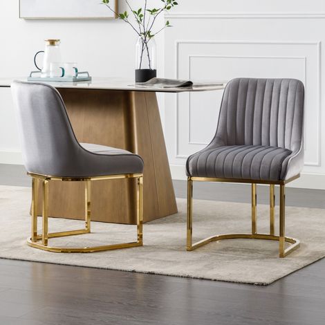 Wahson Lot de 2 chaises de salle à manger en velours épais – Pieds en métal doré – Hauteur d'assise 47cm – Capacité 110kg – Design élégant, Gris