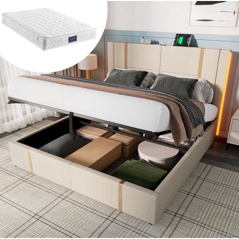 letto contenitore 140x200 con materasso LED USB beige OKMYHOME (1/5)
