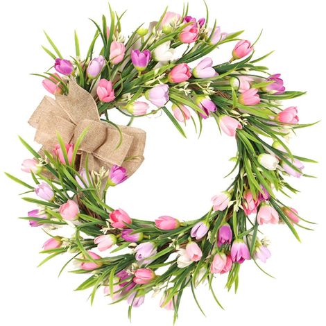 Couronne tulipes artificielles 16x16 pouces, printemps, pour porte d’entrée (1/4)