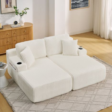 MODFU – Divano 2 posti modulabile in tessuto a coste beige con funzione relax, letto a panca, tasca e portabicchieri – Beige (1/5)