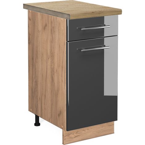 Küchenunterschrank Fame-Line, Anthrazit Hochglanz, 40 cm , AP Eiche, Vicco