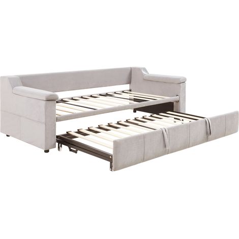 Divano letto capitonné 90x190 cm beige in velluto con Bluetooth, USB e vani portaoggetti (1/5)