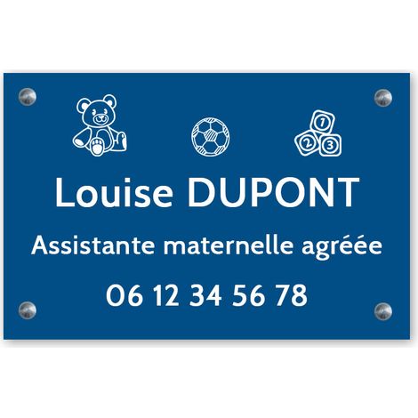 Plaque professionnelle PVC 30x20 – Gravure Personnalisée | Assistante Maternelle - Bleue lettres blanches (1/3)