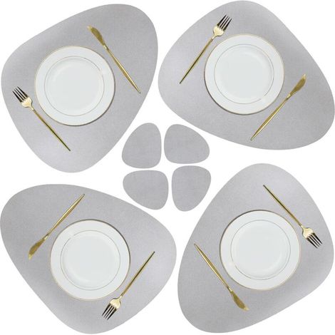 Set de Napperon et sous-Verres en Cuir, Tapis de Table de Noël Antidérapants Essuyables Imperméables pour Cuisine Intérieure Table à Manger Restaurant Fête Barbecue Extérieur (Gris Clair)