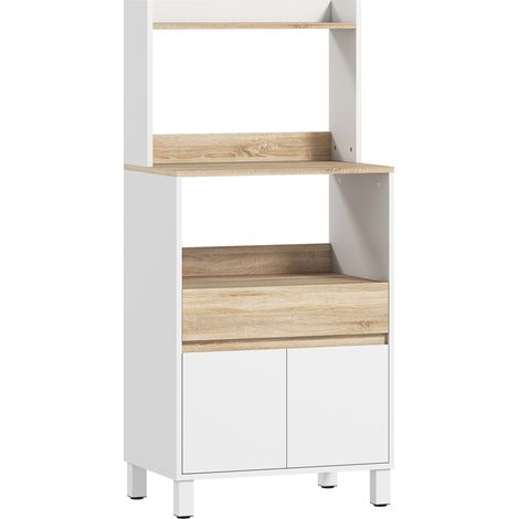 Credenza Mobile per Microonde 60x40x131 cm Mensole con Retro Aperto in Legno Bianco