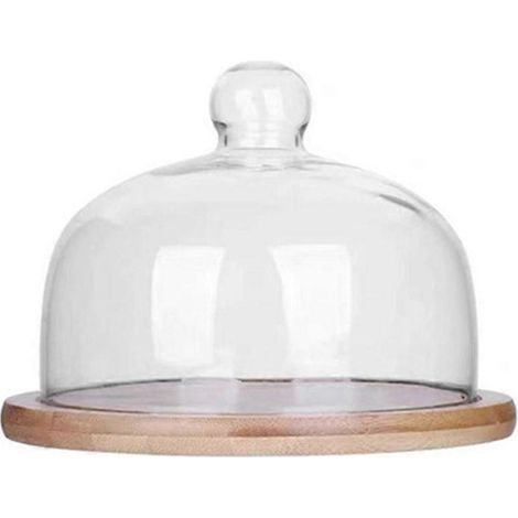 ensemble cloche à gâteau en verre et assiette en bois avec couvercle anti-poussière-12x12cm (1/2)