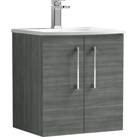 Nuie Arno Anthracite Woodgrain 500mm Wall Hung 2 Door Vanity Unit and Curved Ceramic Basin - ARN521G (1/5)