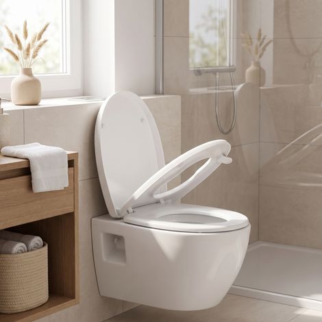 Abattant WC 2 en 1 avec Frein de Chute, Forme O, 44,5 x 37,2 x 4 cm, Blanc (1/5)