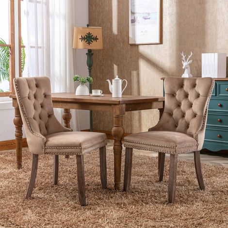 Lot de 2 chaises modernes en velours, bois massif, avec pieds en bois et clous décoratifs, couleur kaki (1/5)