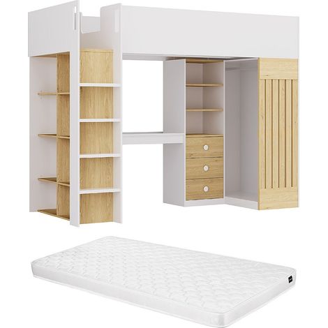 Letto a soppalco 90 x 190 cm con vani scrivania e bastone appendiabiti Bianco e Naturale + Materasso - LORINTI