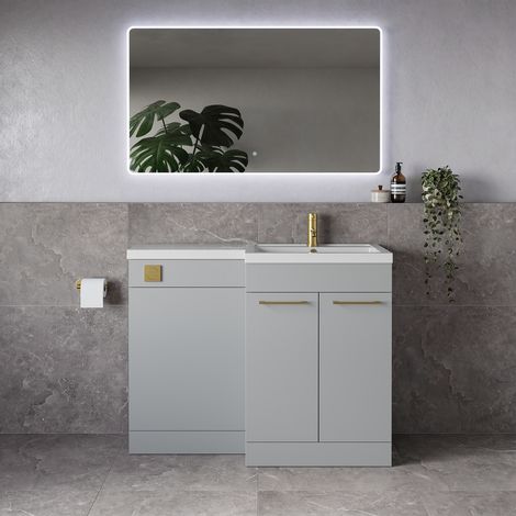Napoli 390 Gloss Grey Pearl 1100mm 2 Door Vanity Unit Toilet Suite with Square Right Hand Lucia Basin - 1100mm - Brushed Brass 160mm HandleWithout Kingston Toilet Pan